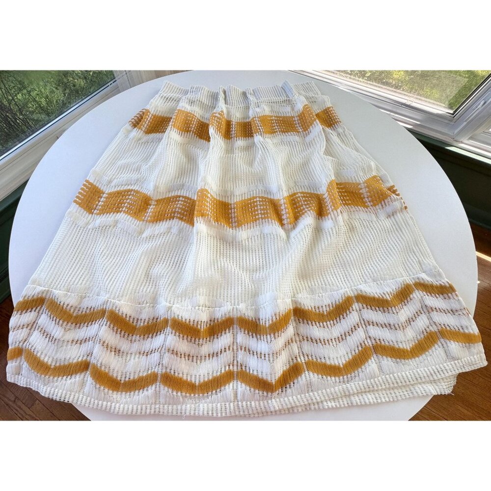 Vintage 1970s curtain, white, orange groovy wavy pattern, short single pleated